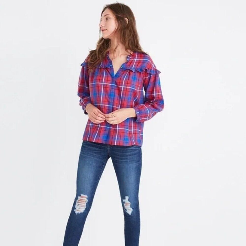 NWT Madewell Plaid western Shirred Button-Down Top Small
